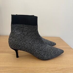 Black Suede Studio Black kitten heel pointy toe sock bootie metallic black 6